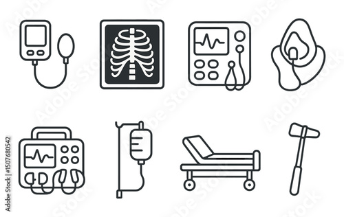 Medical equipment silhouette icons set - outline, healthcare and hospital signs
