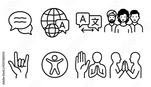 Cross-cultural communication icons set - linear, global and interaction symbols