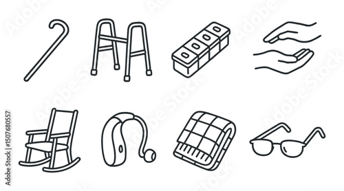 Elderly care essentials icons set – silhouette, senior assistance and healthcare symbols