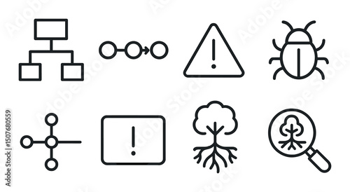 Root cause analysis outline icons set – troubleshooting, problem solving graphics