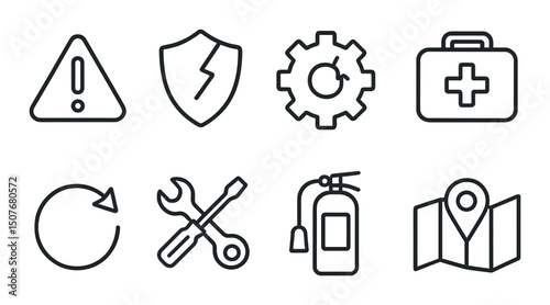 Crisis management icons set with simple outline for emergency and safety planning
