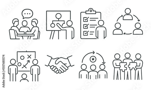 Teamwork and collaboration silhouette icons set – communication, cooperation, partnership symbols