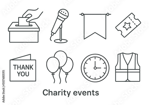 Charity event linear icons set – outline, fundraising and community symbols