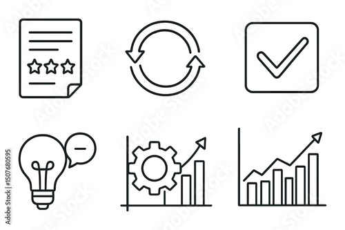 Performance feedback outline icons set – linear, evaluation and improvement graphics