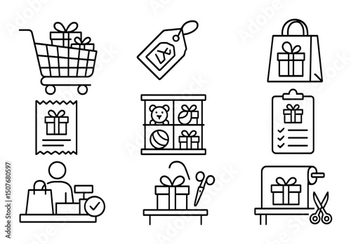 Holiday shopping outline icons set – gifts, seasonal and festive symbols for retail design