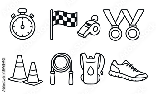Athletic gear silhouette icons set – black, sporty and fitness equipment symbols