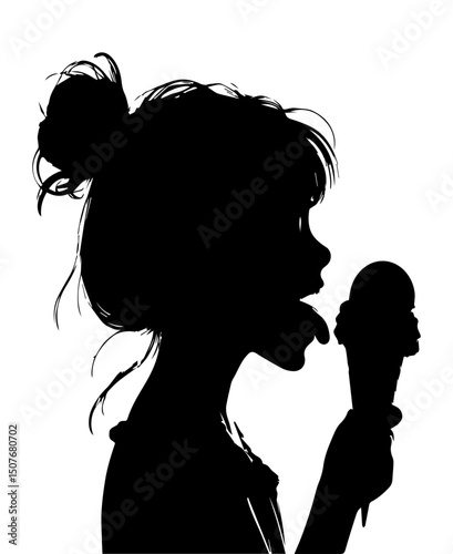 Black and white silhouette of a girl licking ice cream on a white isolated background. vector graphics. EPS.