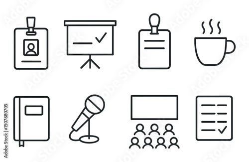 Conference and meeting outline icons set – presentation, event, seminar symbols