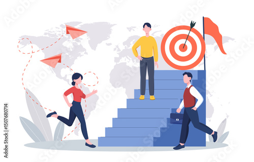 Concept of leadership. Woman and men on stairs near bullseye. Teamwork, collaboration and cooperation. Business project development. Coach and mentor. Flat vector illustration