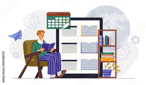 Online librarian concept. Man with book near smartphone with ebooks. Love for reading and literature. Library on internet. Education and learning. Flat vector illustration