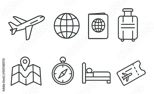 Travel essentials outline icons set – linear, trip and journey symbol collection