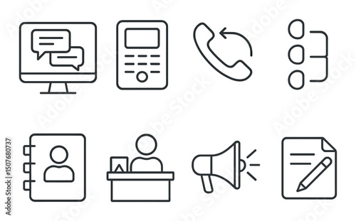 Office communication linear icons set – outline, messaging and contact symbols