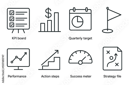 Business objective icons set – outline, performance and strategy symbols