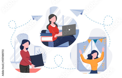 Woman lifestyle scenes. Young girl with pillow, laptop and dancing. Person spending time indoors. Freelancer and remote worker makes money online. Flat vector illustration