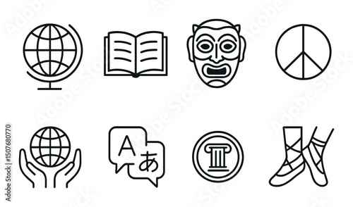 Cultural exchange linear icons set – outline, global communication and tradition symbols