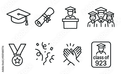 Graduation celebration icons set – outline, commencement, ceremony symbols