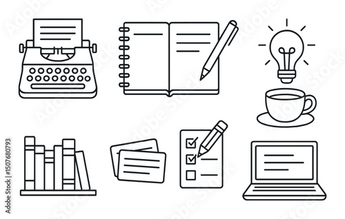 Writing and workspace linear icons set – outline, creative and office symbols