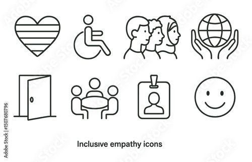 Inclusive empathy outline icons set – simple, compassion and accessibility symbols