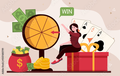 Winner in casino. Young girl near roulette and golden coins. Games for luck and fortune, gambling. Person win in gable game. Reward and award. Flat vector illustration