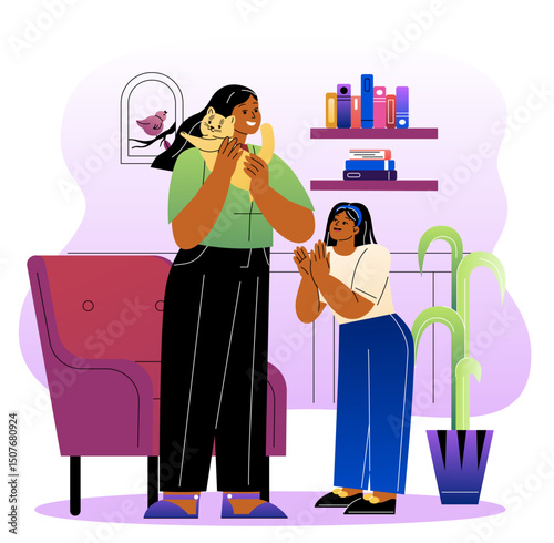 Mother holding cat. Woman with domestic animal talking with girl. Family spending time with kitten. Mother and daughter with pet in home. Flat vector illustration