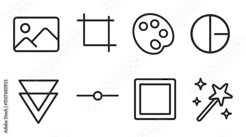 Photo editing outline icons set – simple, graphic design and image tools symbols