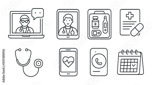 Telemedicine tools outline icons set – healthcare, digital and medical symbols collection