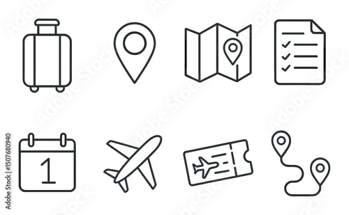 Travel and tourism outline icons set – map, location, and flight symbols