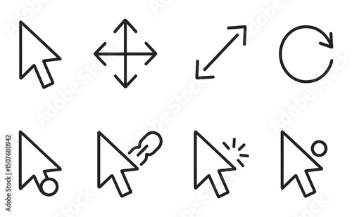 Interface pointer icons set – outline, cursor symbols, user interaction graphics