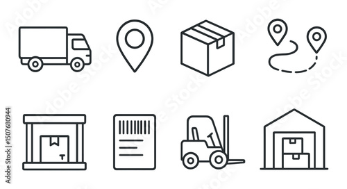 Logistics and delivery outline icons set – shipping, transport and warehouse symbols