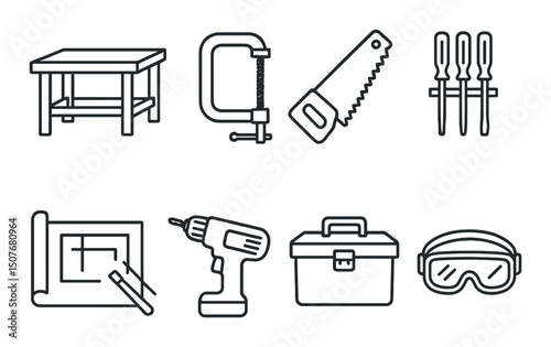 Workshop tools outline icons set – linear, equipment and repair symbols collection