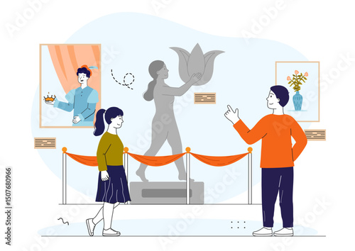 Visitors in museum. Man and woman looking at stone statue. Art object at exhibition. Cultural recreation and leisure. Tourists and travelers in museum. Linear vector illustration