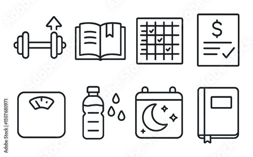 Personal goals outline icons set – simple, achievement, motivation symbols