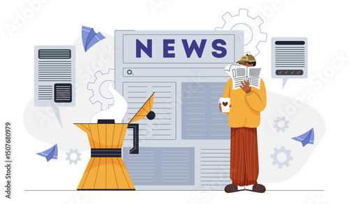 Man reading news. Young guy with newspaper and coffee cup. Journalism, multimedia and media content. Person reads daily news. Flat vector illustration