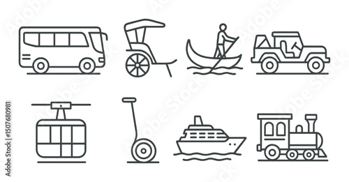 Tourist transport outline icons set – silhouette, travel and transportation symbols
