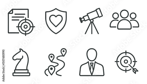 Corporate vision silhouette icons set – business, strategy and teamwork graphics