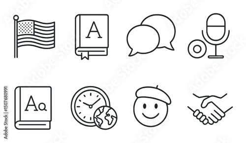Language exchange outline icons set – conversation, communication, linguistic symbols