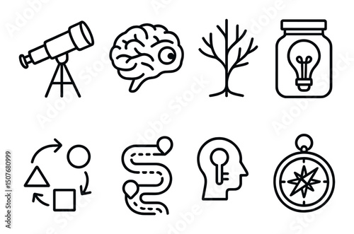 Discovery and innovation line icons set – outline, exploration, idea symbols collection