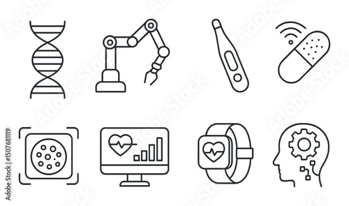 Healthcare and innovation silhouette icons set – medical, technology and wellness symbols