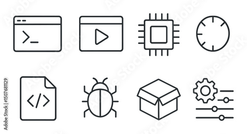 Software execution line icons set – outline, application and coding symbols