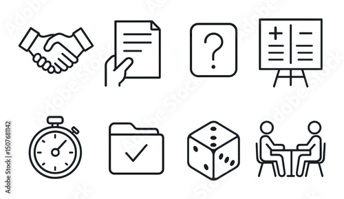 Negotiation and business linear icons set – outline, deal and agreement symbols