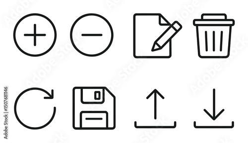 Basic action outline icons set – essential, simple, everyday usage symbols