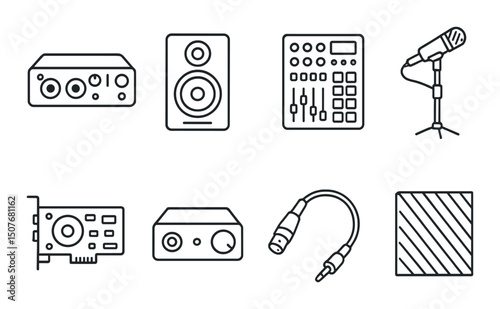 Sound equipment outline icons set – audio, music and recording device symbols