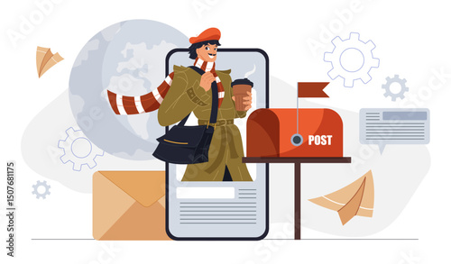 Postman online service. Man with moustache on smartphone screen near mail terminal. Remote correspondence and communication. Postal service on internet. Flat vector illustration