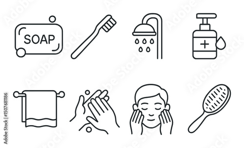 Personal hygiene outline icons set – silhouette, cleanliness, daily self-care symbols