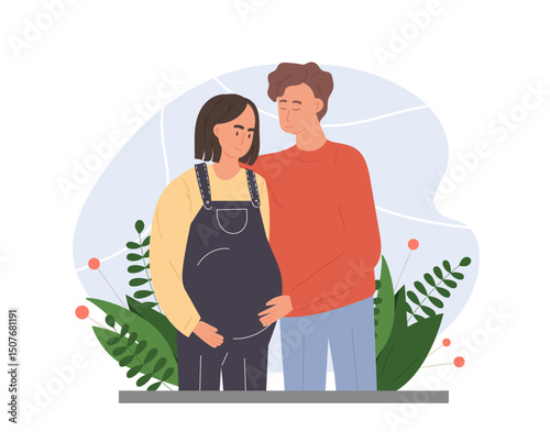 Man with pregnant woman. Young guy hugs girl with big belly. Happy future parents. Motherhood and parenthood. Expecting mother and father in love. Flat vector illustration