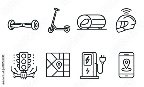 Futuristic mobility linear icons set – outline, transport and technology symbols