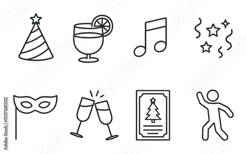 Christmas party outline icons set – festive, holiday and celebration symbols