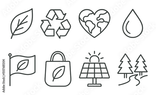 Eco-friendly outline icons set – recycling, sustainability, and green energy symbols