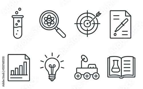 Scientific exploration linear icons set – outline, research and science symbols