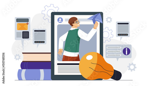 Publication structure social media. Man on smartphone screen with paper airplane. Talented author and content creator. SMM specialist creates posts. Flat vector illustration